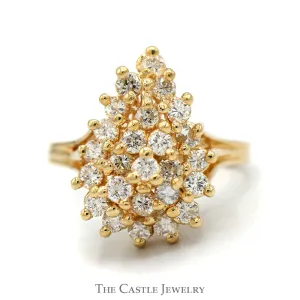 .96cttw Pear Shaped Round Diamond Cluster Ring in 14k Yellow Gold Split Shank Setting