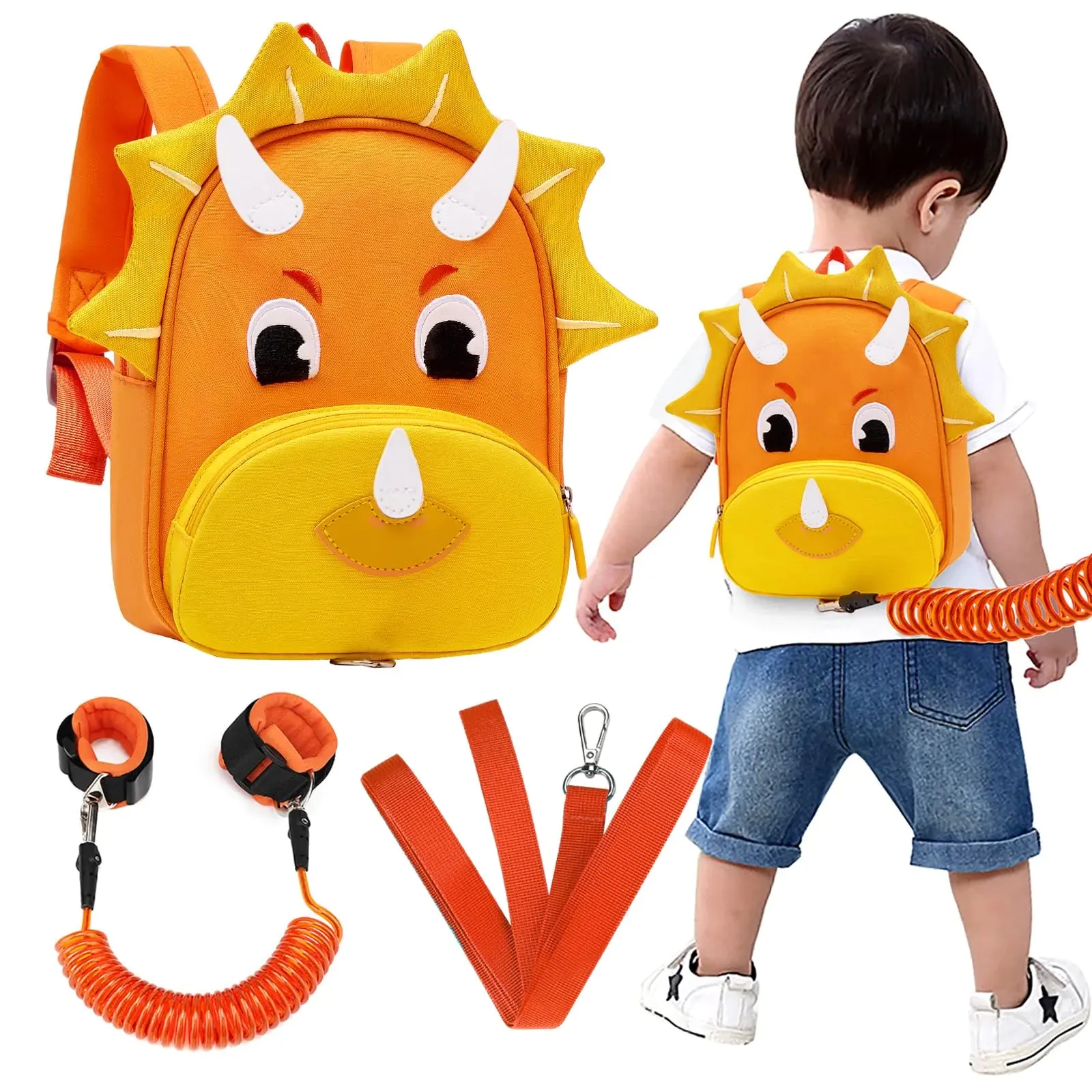 Accmor Toddler Harness Backpack Leash Cute Dinosaur Kid Backpacks with Anti Lost Wrist Link Child Backpack with Leash for Baby Boys Girls Mini Toddler Back Pack Tether for Outdoor Travel (Orange)