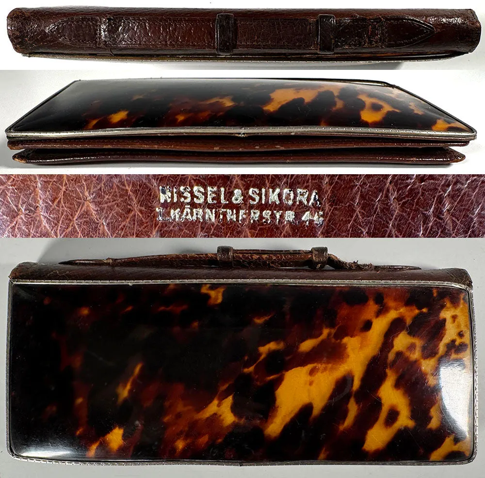 Antique c.1910 Nissel & Sikorra Austrian Evening Purse Wallet in Fine Leather, Silver and Tortoise Shell