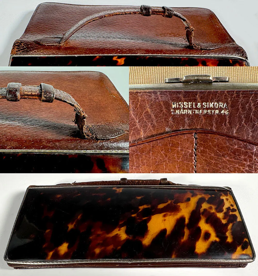 Antique c.1910 Nissel & Sikorra Austrian Evening Purse Wallet in Fine Leather, Silver and Tortoise Shell