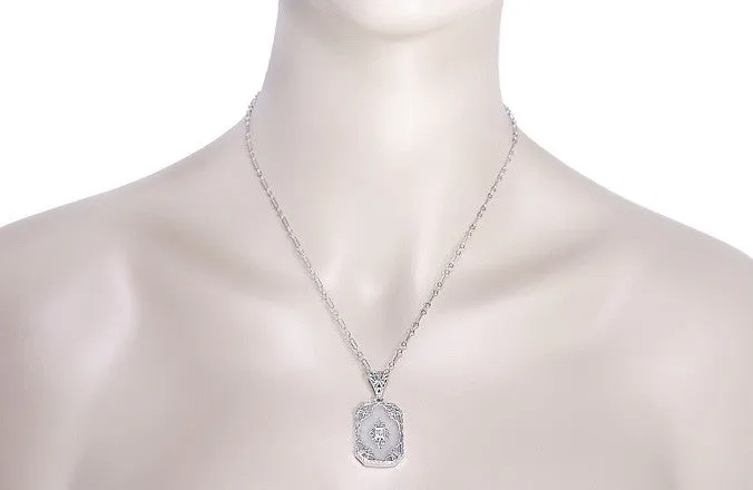 Art Deco Filigree Scrolls Starburst Crystal and Diamond Pendant Necklace in Sterling Silver