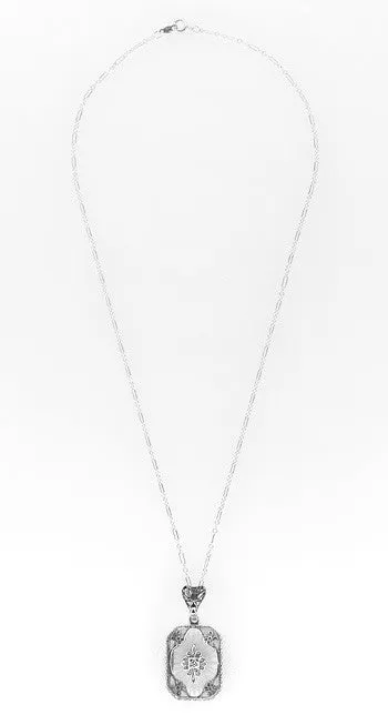 Art Deco Filigree Scrolls Starburst Crystal and Diamond Pendant Necklace in Sterling Silver