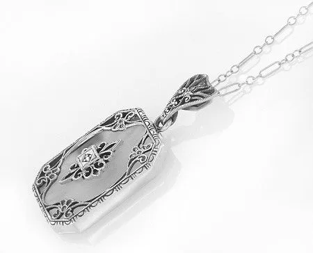 Art Deco Filigree Scrolls Starburst Crystal and Diamond Pendant Necklace in Sterling Silver
