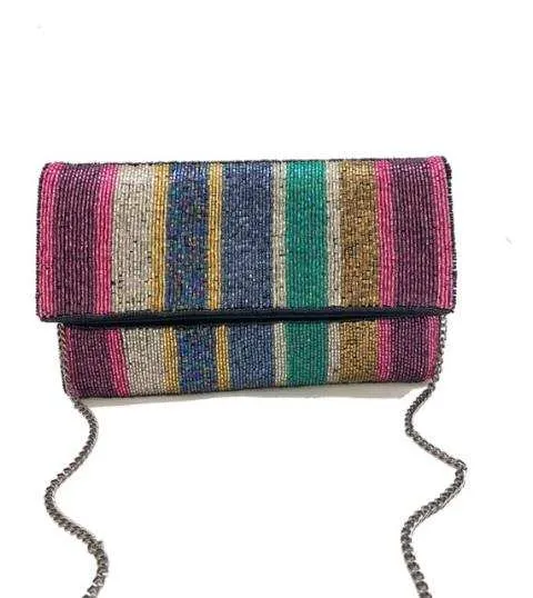 BEADED MULTI COLOR STRIPE CLUTCH