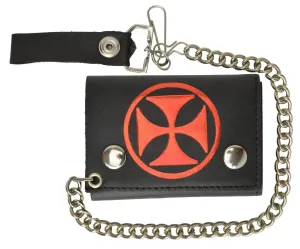 Biker Genuine Leather Chain Trifold Wallet Red Chopper Cross 946-12 (C)