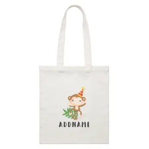 Birthday Safari Monkey Wearing Party Hat Addname White Canvas Bag