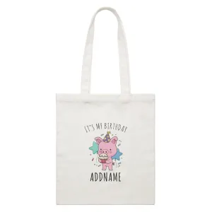 Birthday Sketch Animals Pig with Party Hat Eating Cupcake It's My Birthday Addname White Canvas Bag