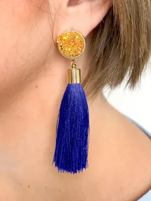 Blue & Gold Glitter Tassel Earrings