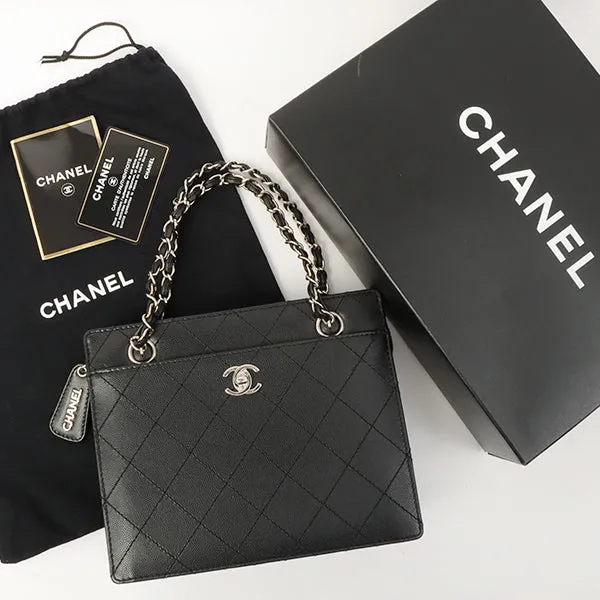 Chanel Around 1998 Made Caviar Skin Turn-Lock Chain Top Handle Bag Black