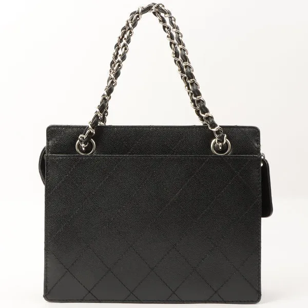Chanel Around 1998 Made Caviar Skin Turn-Lock Chain Top Handle Bag Black