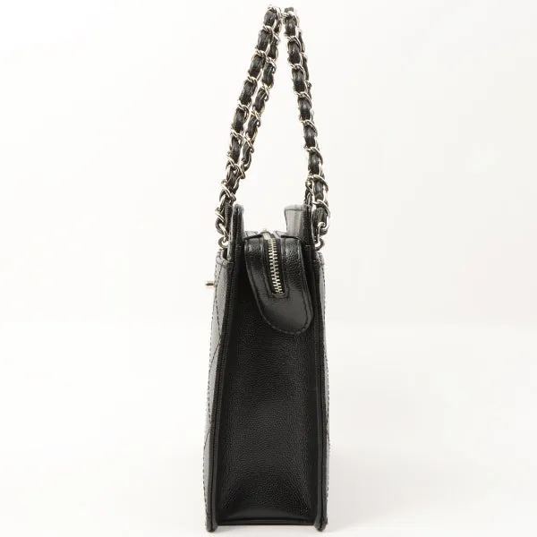 Chanel Around 1998 Made Caviar Skin Turn-Lock Chain Top Handle Bag Black