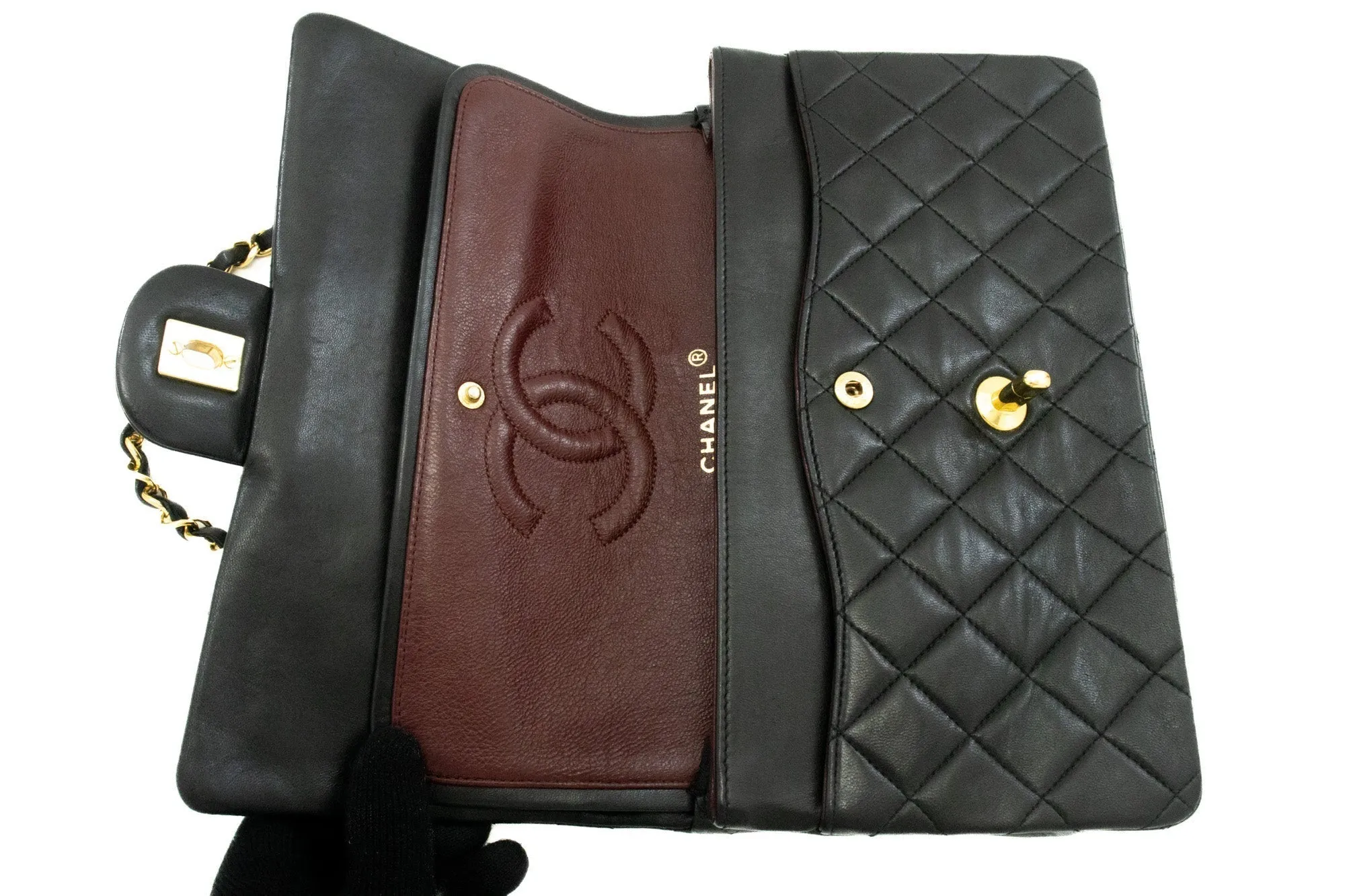 CHANEL Classic Double Flap 10" Chain Shoulder Bag Black Lambskin k62