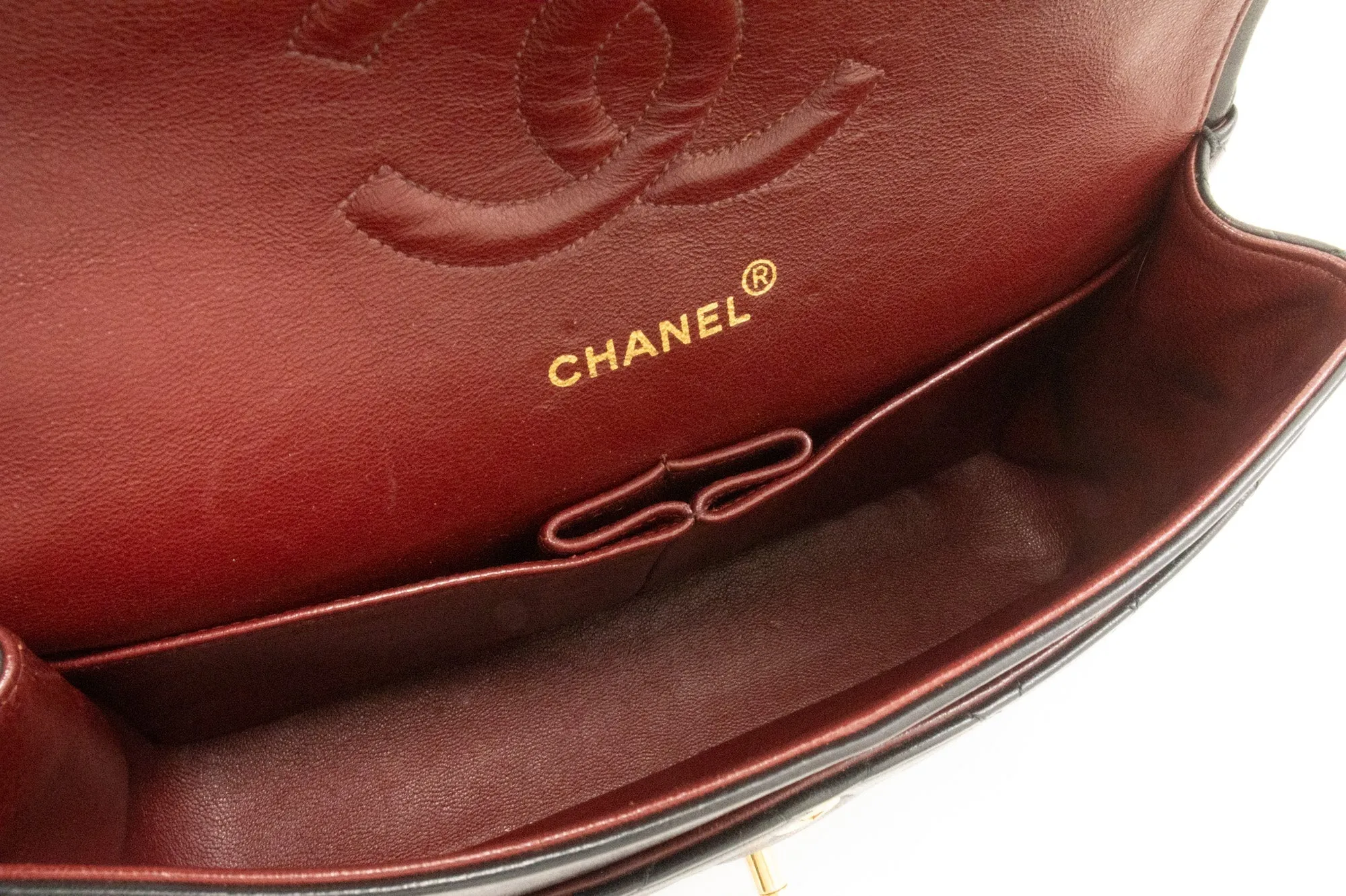 CHANEL Classic Double Flap 10" Chain Shoulder Bag Black Lambskin k63