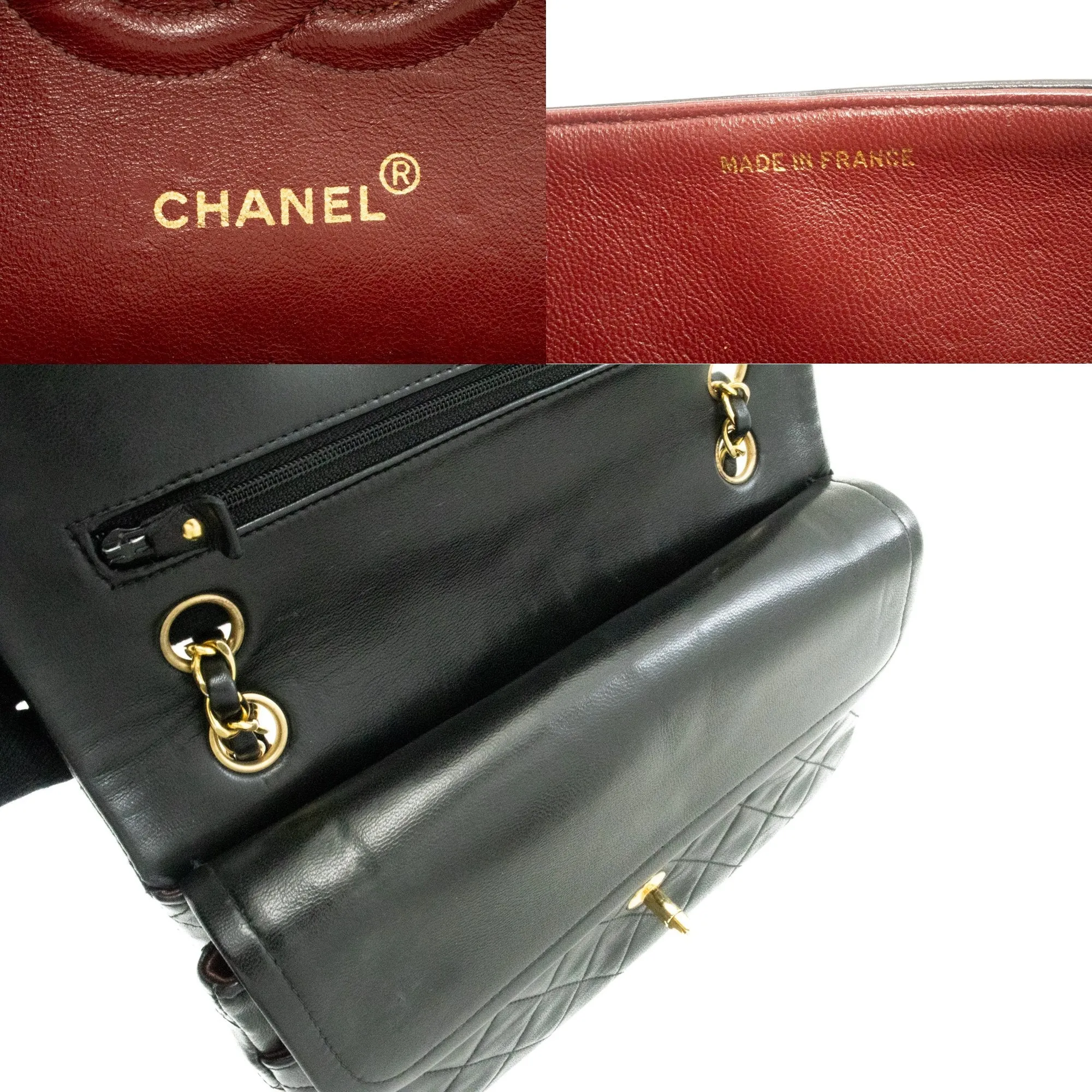 CHANEL Classic Double Flap 10" Chain Shoulder Bag Black Lambskin k63