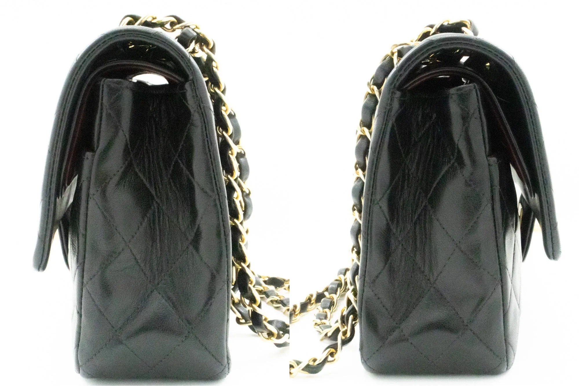CHANEL Classic Double Flap 10" Chain Shoulder Bag Black Lambskin k63