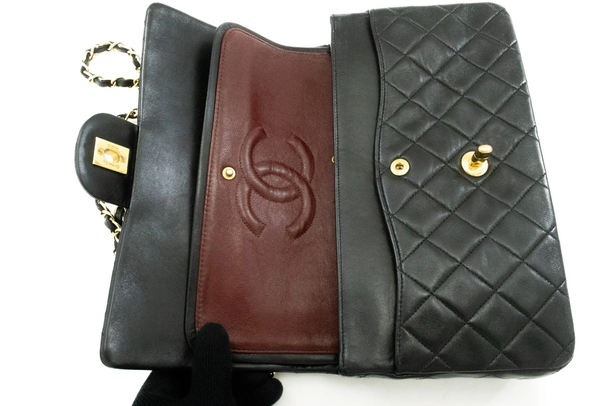 CHANEL Classic Double Flap 10" Chain Shoulder Bag Black Lambskin k63