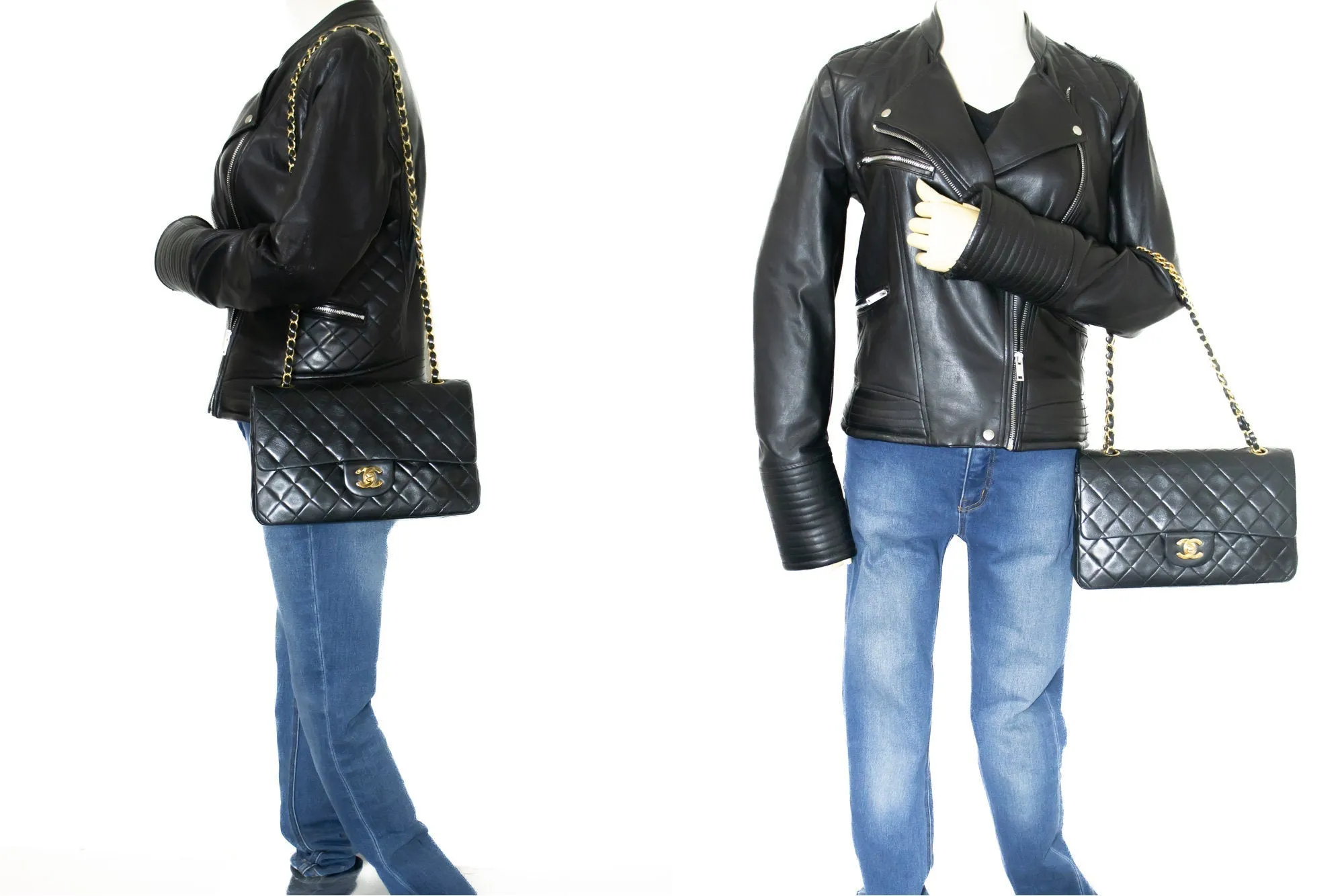 CHANEL Classic Double Flap 10" Chain Shoulder Bag Black Lambskin k63