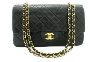 CHANEL Classic Double Flap 10" Chain Shoulder Bag Black Lambskin k63