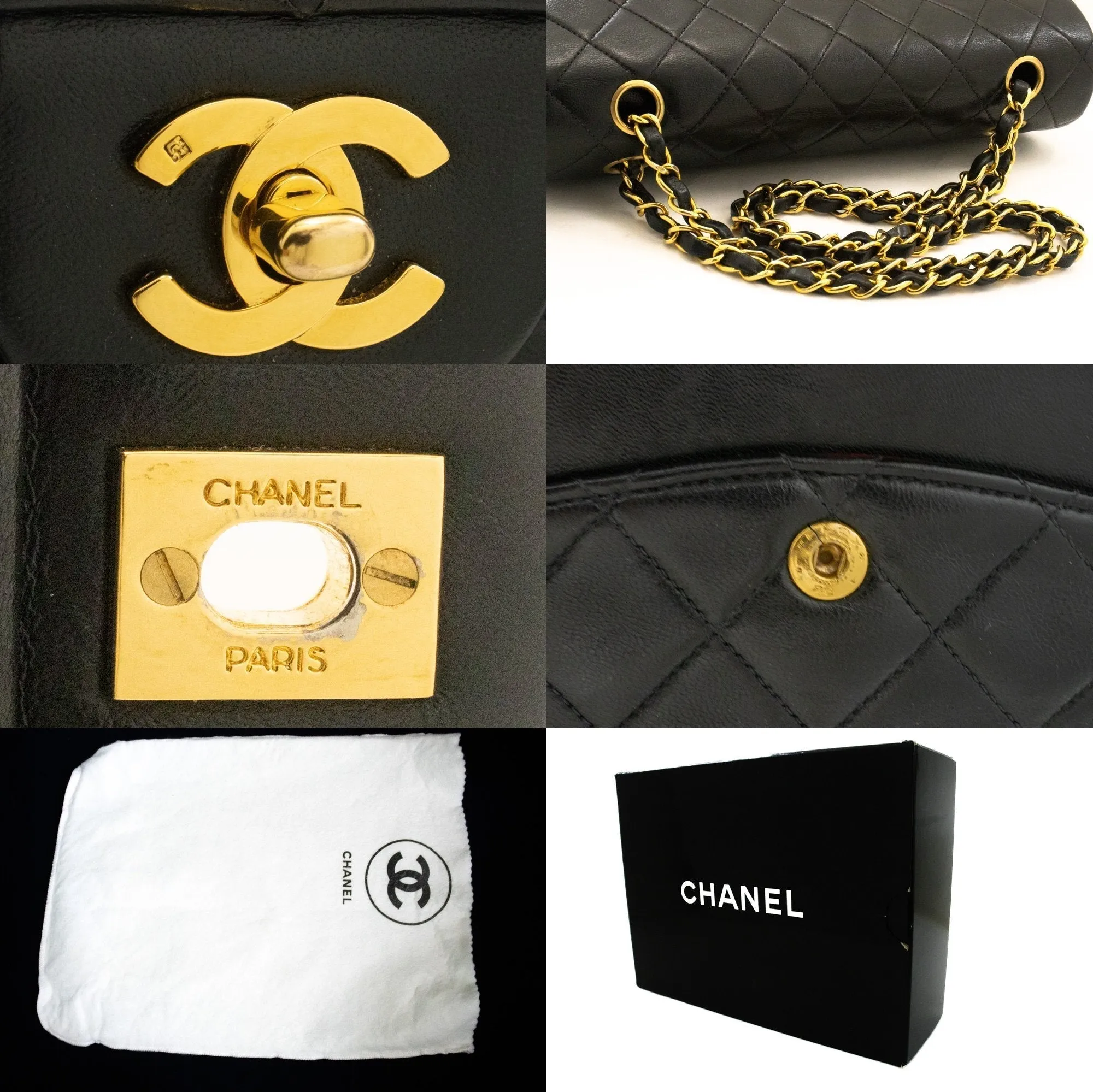 CHANEL Classic Double Flap 10" Chain Shoulder Bag Black Lambskin k63