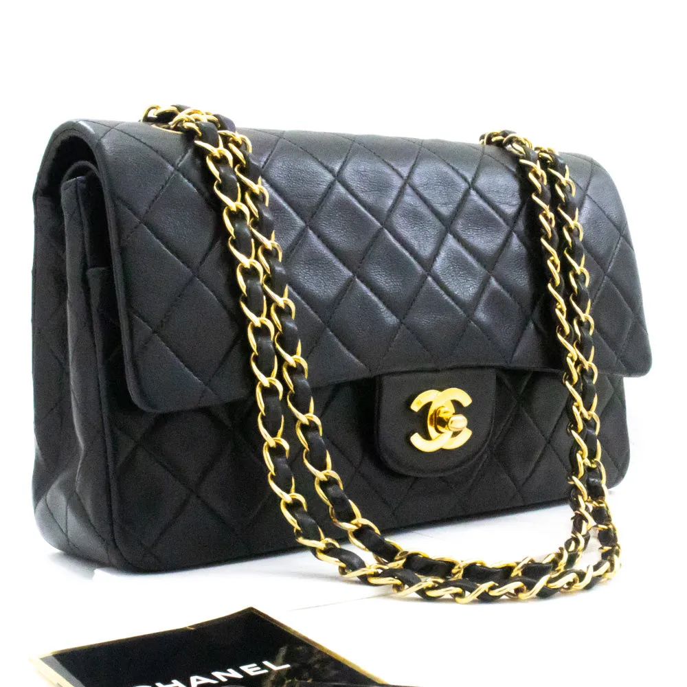 CHANEL Classic Double Flap 10" Chain Shoulder Bag Black Lambskin k63