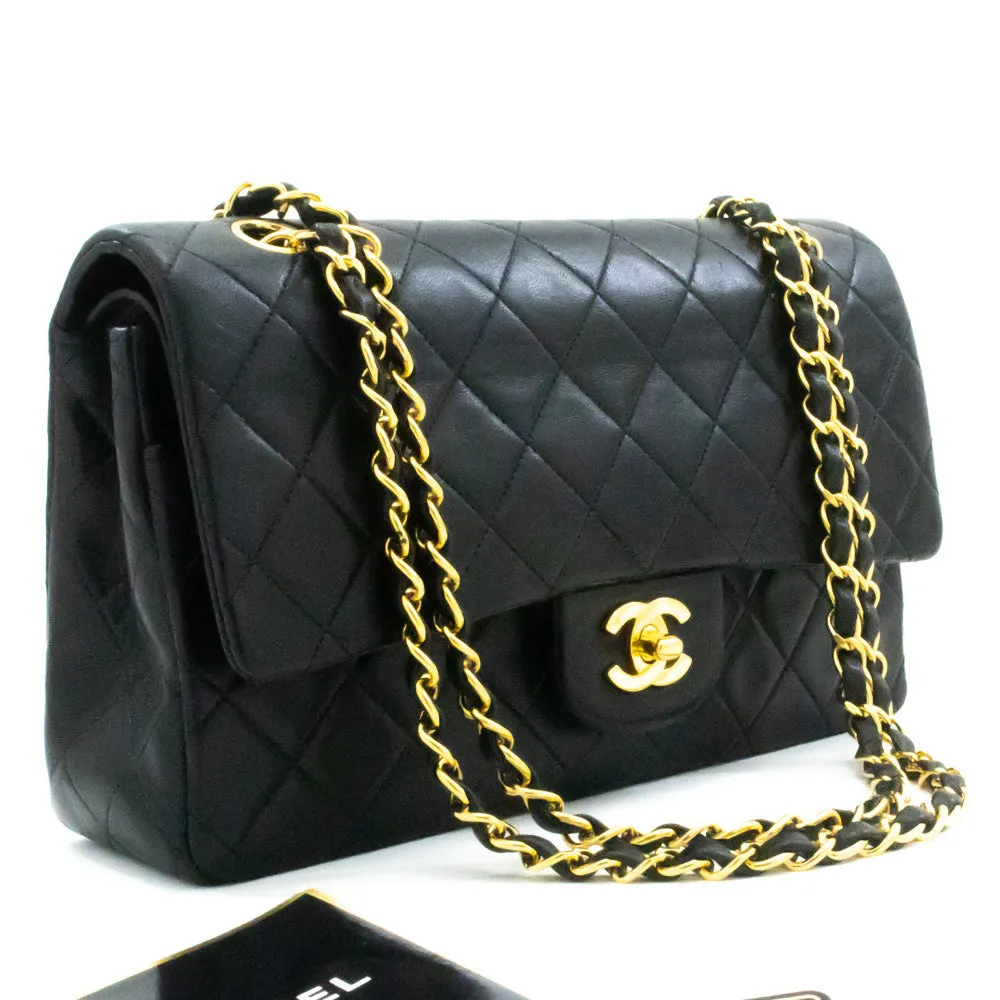 CHANEL Classic Double Flap 10" Chain Shoulder Bag Black Lambskin k66