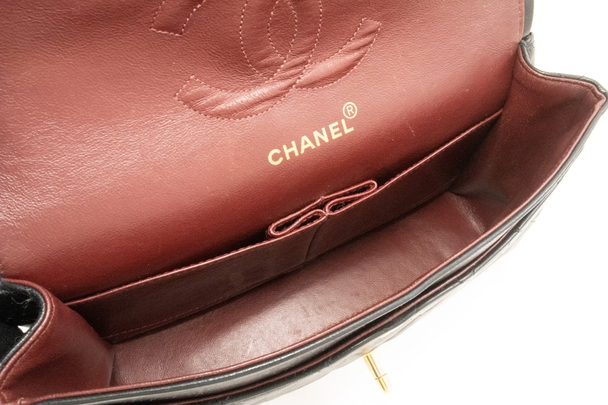 CHANEL Classic Double Flap 10" Chain Shoulder Bag Black Lambskin k66