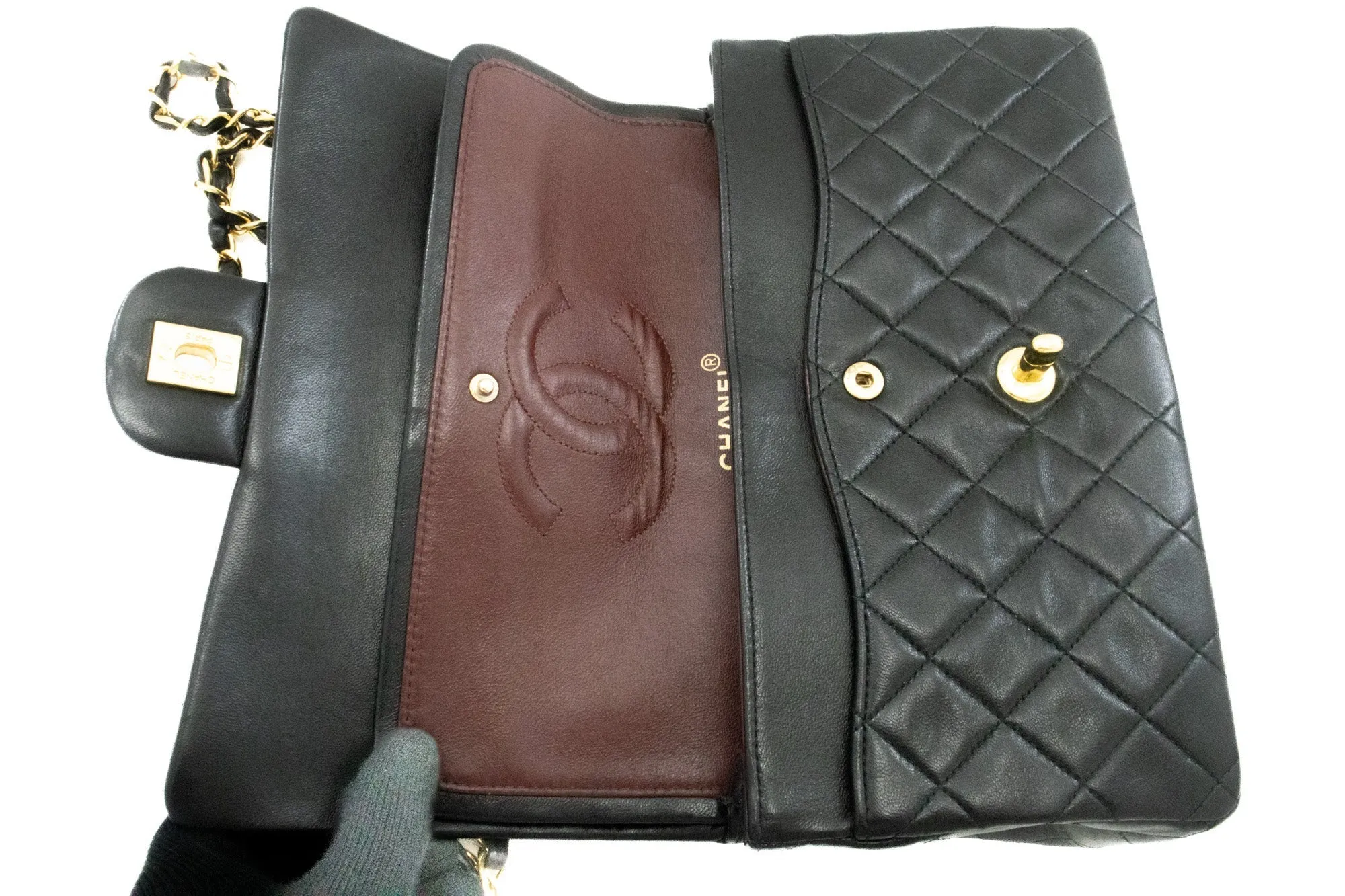 CHANEL Classic Double Flap 10" Chain Shoulder Bag Black Lambskin k66