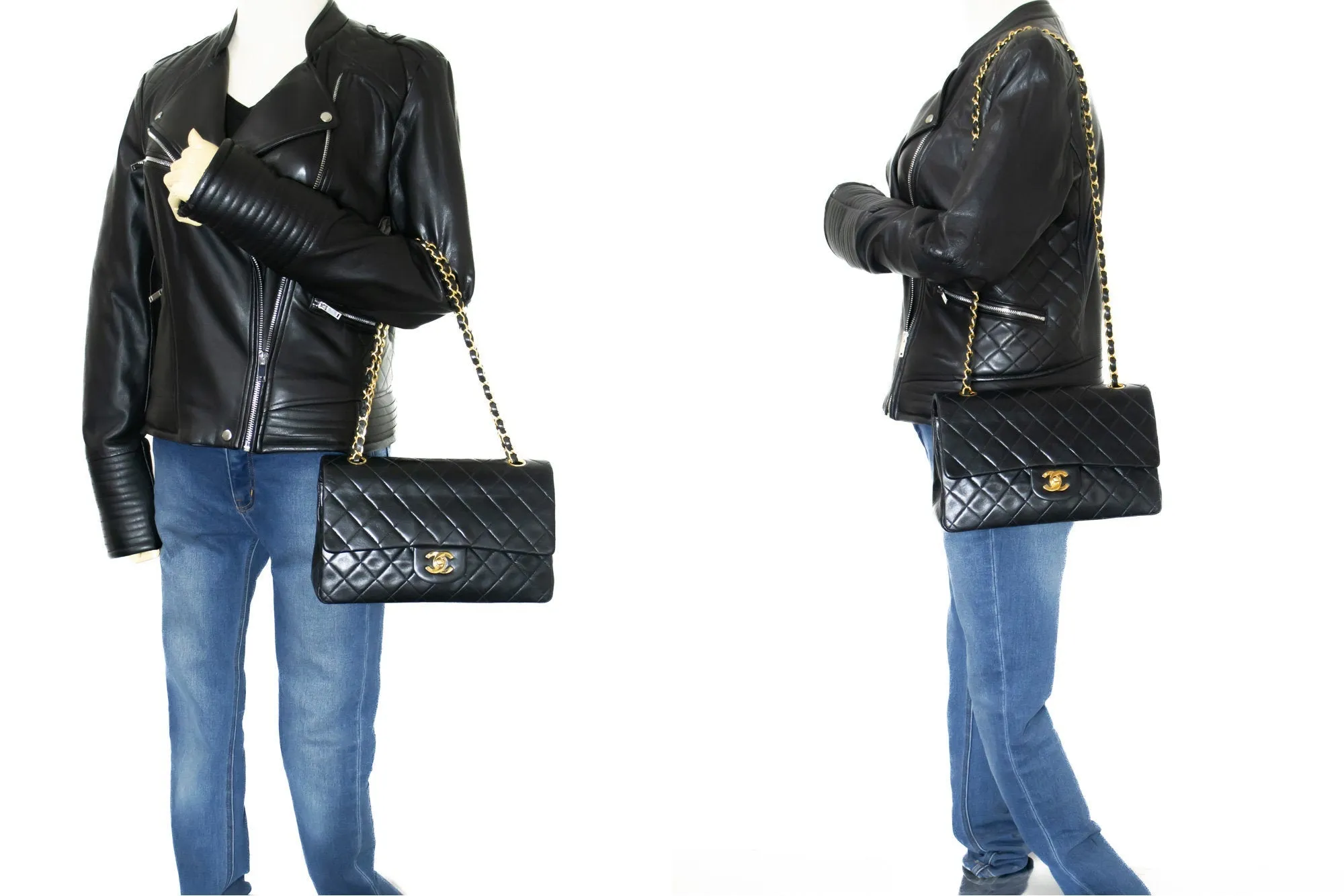 CHANEL Classic Double Flap 10" Chain Shoulder Bag Black Lambskin k66