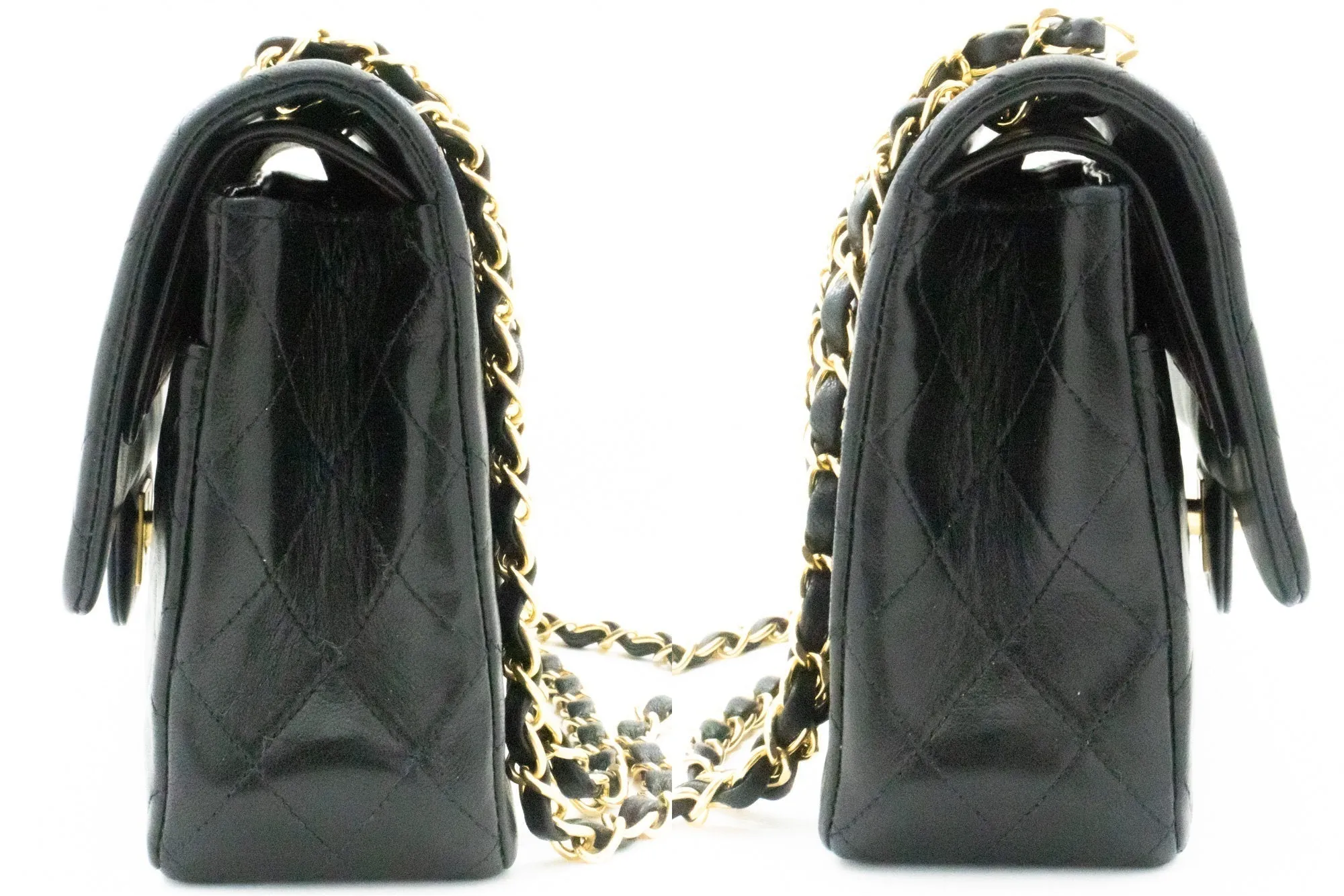 CHANEL Classic Double Flap 10" Chain Shoulder Bag Black Lambskin k66