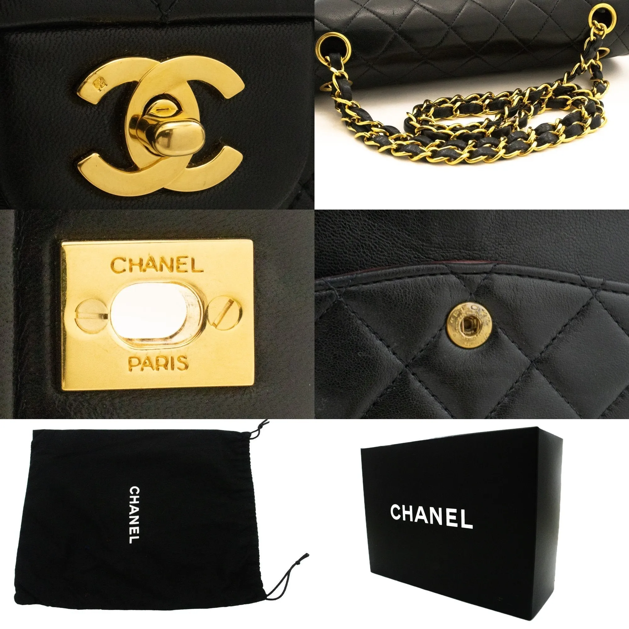 CHANEL Classic Double Flap 10" Chain Shoulder Bag Black Lambskin k66