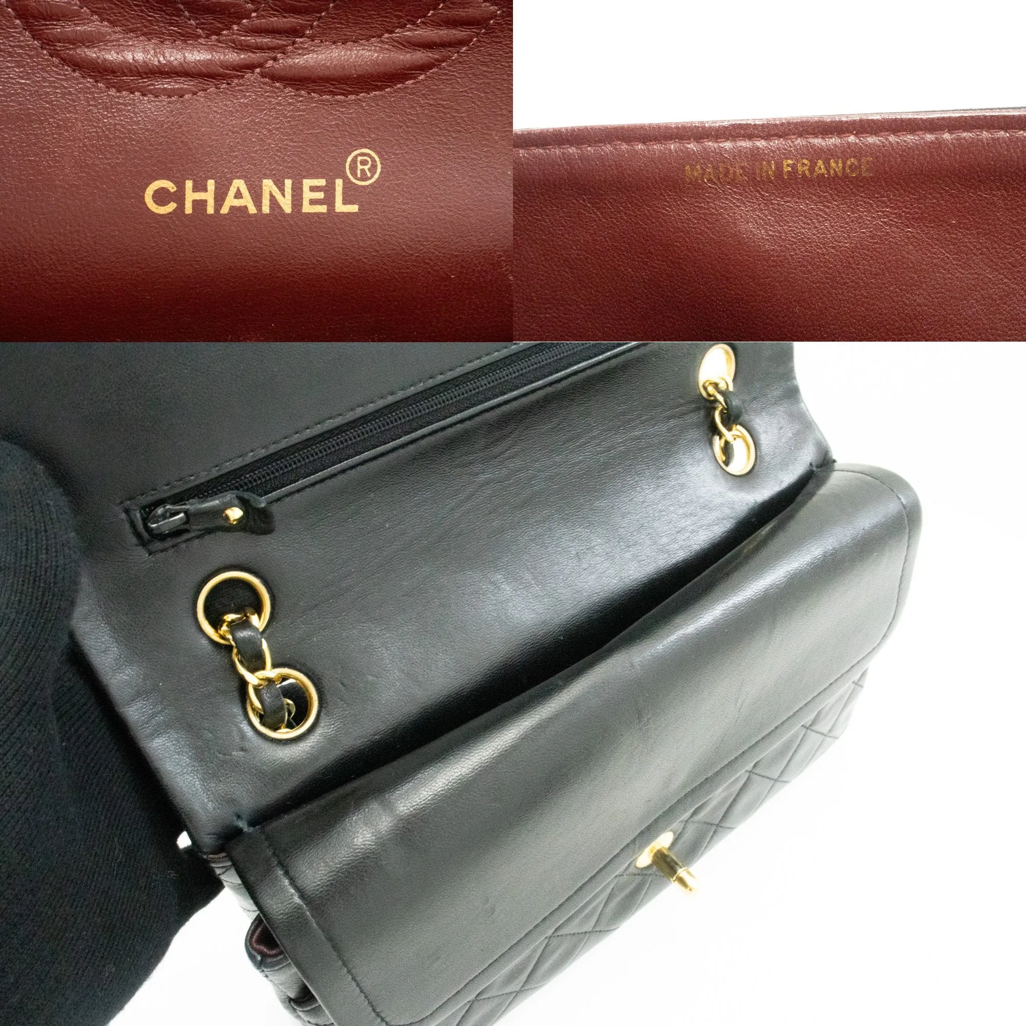 CHANEL Classic Double Flap 10" Chain Shoulder Bag Black Lambskin k66