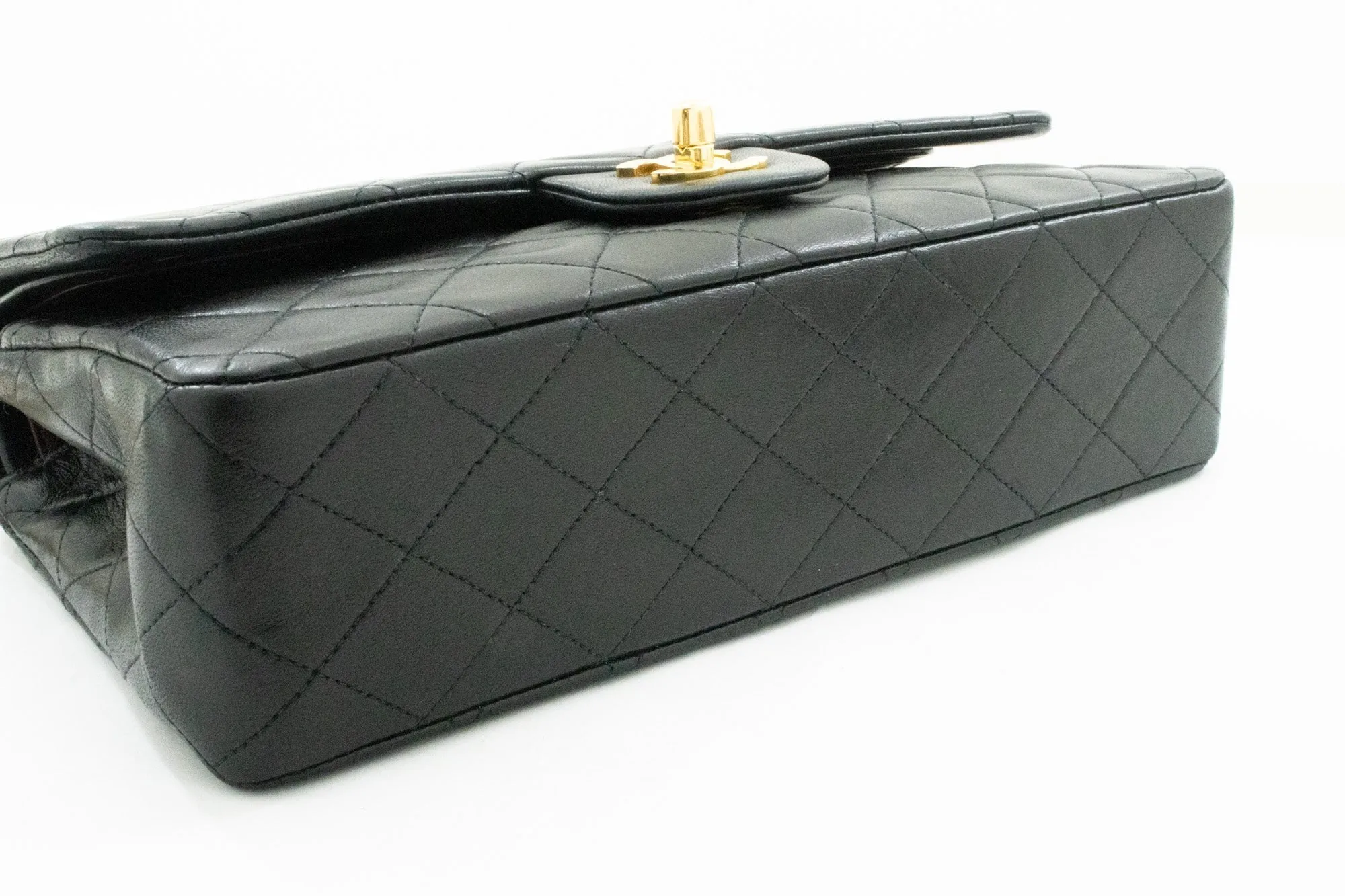 CHANEL Classic Double Flap 10" Chain Shoulder Bag Black Lambskin k66