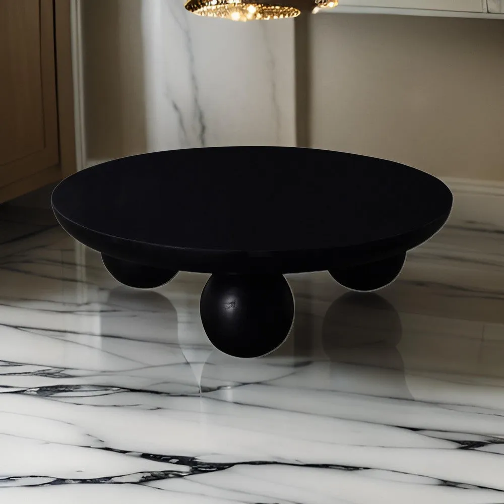 Coffee Table, 35 Inch Round Top, 3 Modern Sphere Legs, Black Mango Wood By Casagear Home