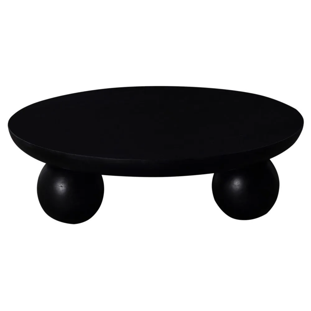 Coffee Table, 35 Inch Round Top, 3 Modern Sphere Legs, Black Mango Wood By Casagear Home