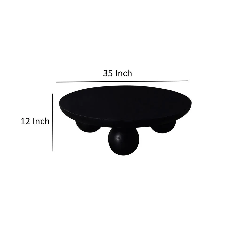Coffee Table, 35 Inch Round Top, 3 Modern Sphere Legs, Black Mango Wood By Casagear Home