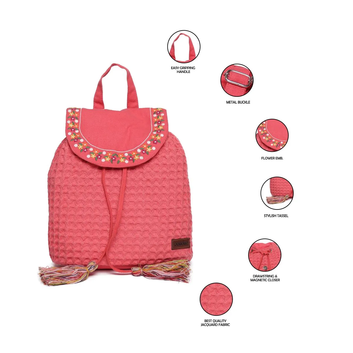 Coral Cotton Dhurry Girls Backpack Medium Size