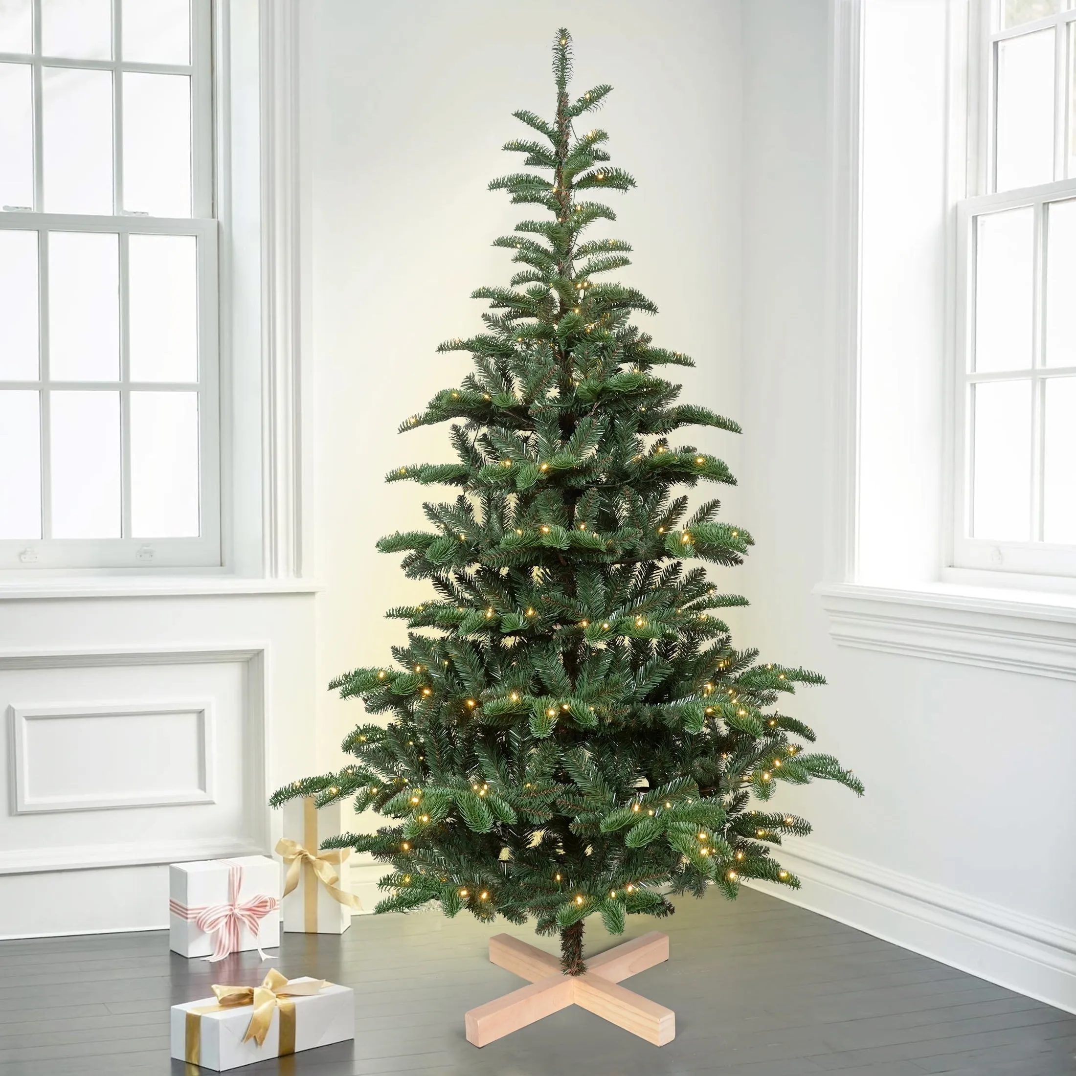 cozy Christmas Trees 5 ft Pre lit, Bringstar Wooden Stand Tree w/ 403 PE PVC Mixed Tips, 200 Lights 7 ft
