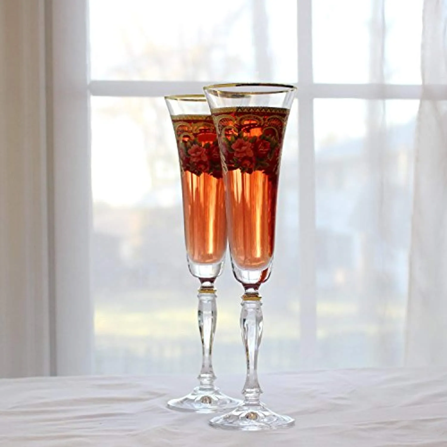 Crystal  Champagne Flute, Gold Floral