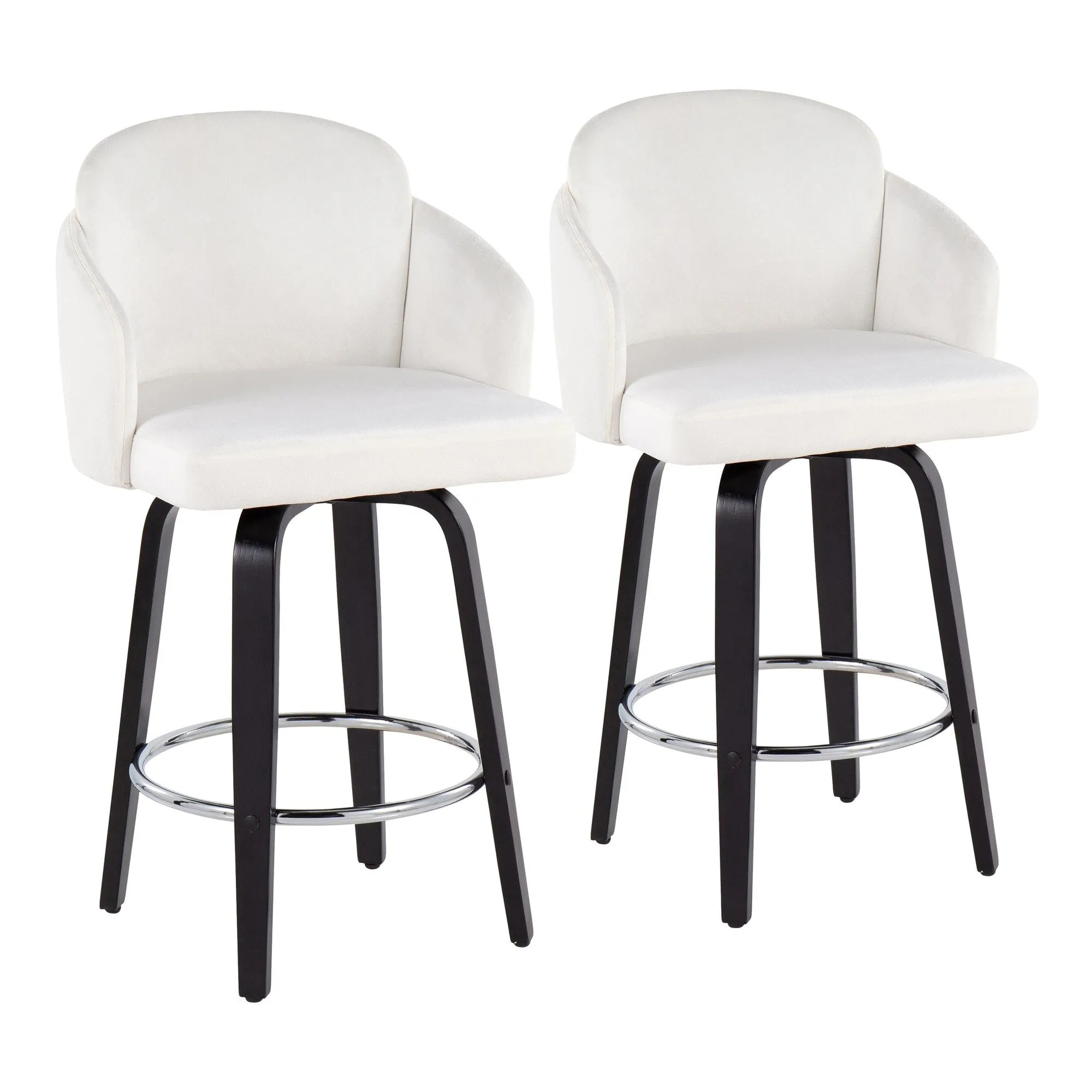 Dahlia Contemporary Counter Stool in Black Wood and Cream Velvet with Gold Metal Accent and Round Chrome Footrest by LumiSource - Set of 2