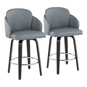 Dahlia Contemporary Counter Stool in Black Wood and Grey Faux Leather with Round Chrome Footrest by LumiSource - Set of 2