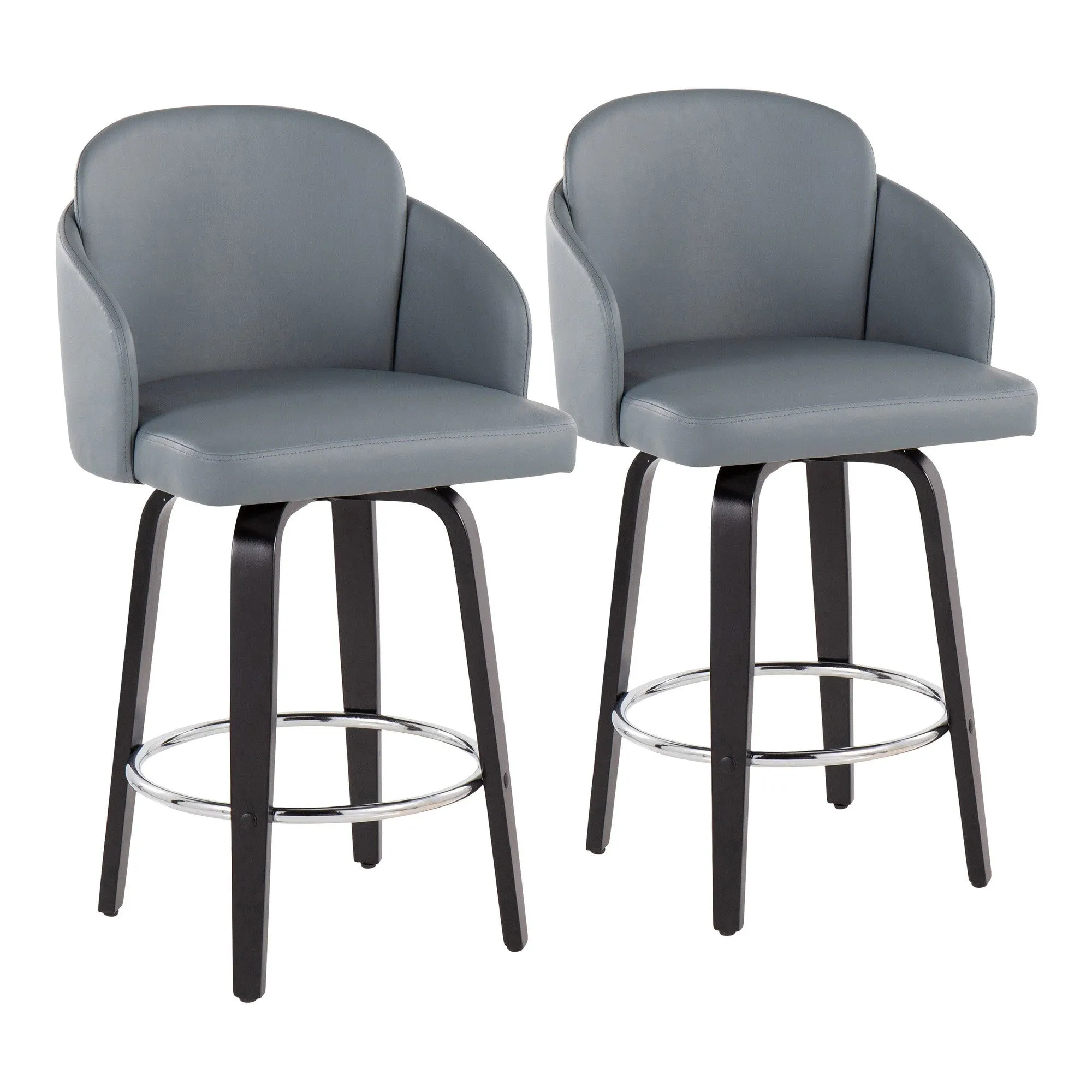 Dahlia Contemporary Counter Stool in Black Wood and Grey Faux Leather with Round Chrome Footrest by LumiSource - Set of 2