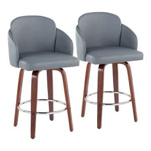 Dahlia Contemporary Counter Stool in Walnut Wood and Grey Faux Leather with Round Chrome Footrest by LumiSource - Set of 2