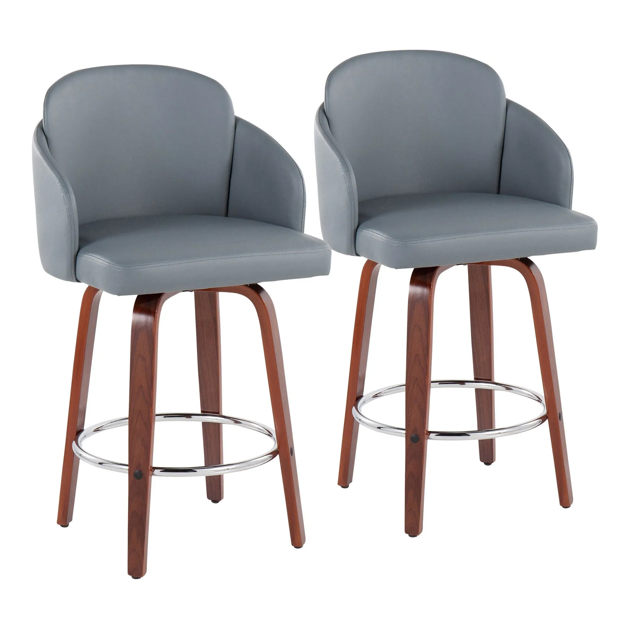 Dahlia Contemporary Counter Stool in Walnut Wood and Grey Faux Leather with Round Chrome Footrest by LumiSource - Set of 2