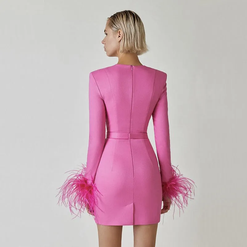 DEANWANGKT  Foreign Trade Cross-Border Long Sleeve Feather Sexy Stretch Slim Fit Socialite Bandage Dress Dress Dress