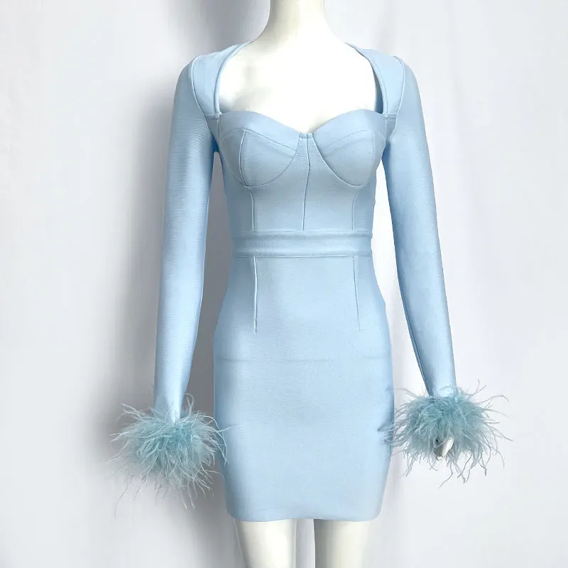 DEANWANGKT  Foreign Trade Cross-Border Long Sleeve Feather Sexy Stretch Slim Fit Socialite Bandage Dress Dress Dress