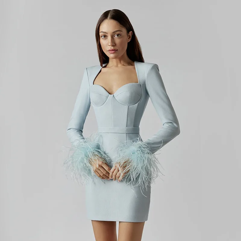 DEANWANGKT  Foreign Trade Cross-Border Long Sleeve Feather Sexy Stretch Slim Fit Socialite Bandage Dress Dress Dress