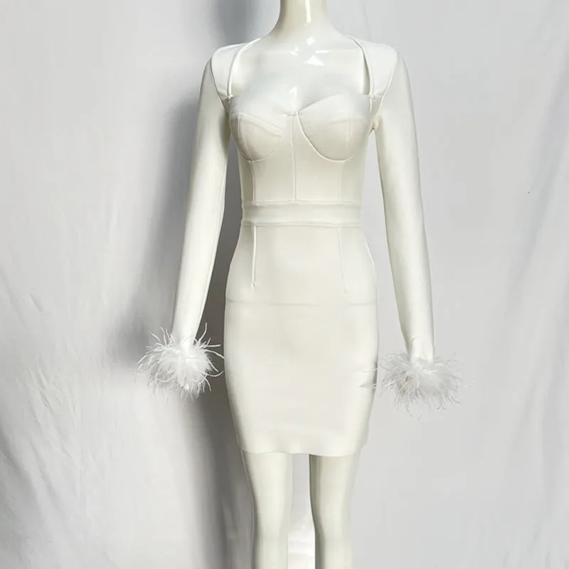 DEANWANGKT  Foreign Trade Cross-Border Long Sleeve Feather Sexy Stretch Slim Fit Socialite Bandage Dress Dress Dress
