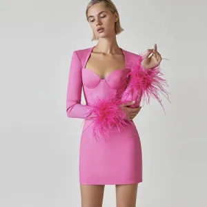 DEANWANGKT  Foreign Trade Cross-Border Long Sleeve Feather Sexy Stretch Slim Fit Socialite Bandage Dress Dress Dress