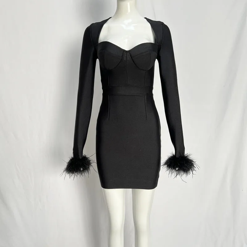 DEANWANGKT  Foreign Trade Cross-Border Long Sleeve Feather Sexy Stretch Slim Fit Socialite Bandage Dress Dress Dress