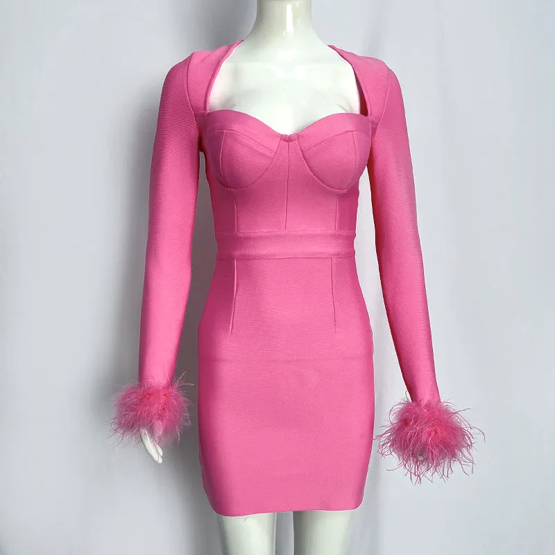 DEANWANGKT  Foreign Trade Cross-Border Long Sleeve Feather Sexy Stretch Slim Fit Socialite Bandage Dress Dress Dress